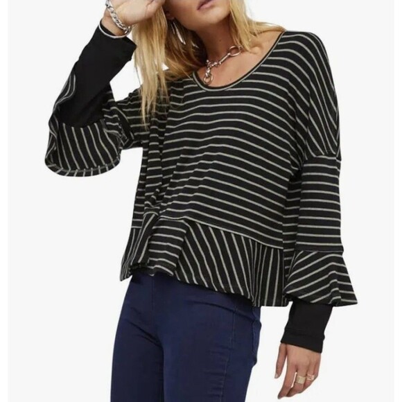 Free People Bell Sleeve Ribbed Knit Striped Top S Oversized Grunge Goth Punk - Picture 1 of 11
